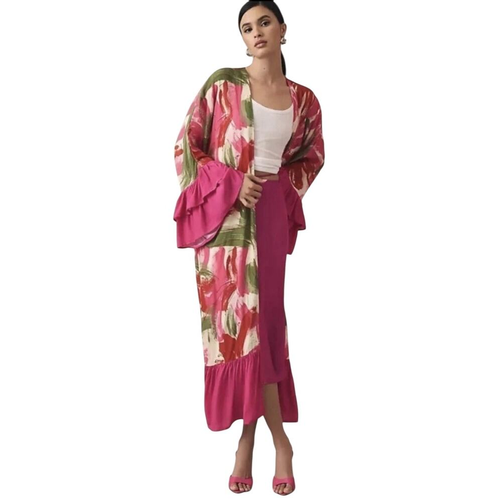 Anthropologie Bel Kazan Floral Kaftan Kimono Maxi Duster Ruffles Bell Sleeve OS - Picture 2 of 15
